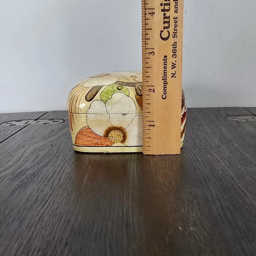 Vtg 70s Fetco Trinket Box Beige Floral Lacquered Paper Mache Cottagecore - Picture 9 of 9